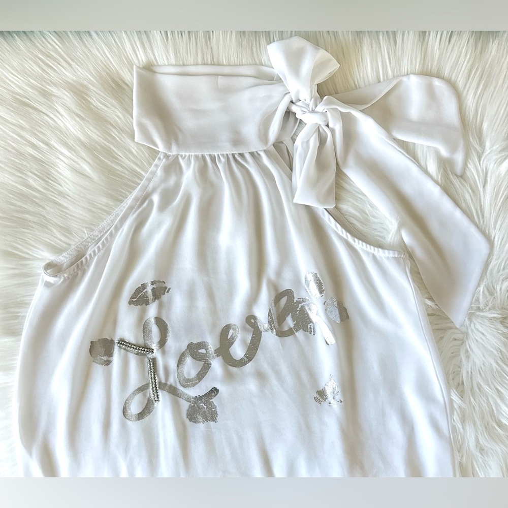 NWOT Elegant White and Silver Sheer Long Back Short Front Top Size Medium